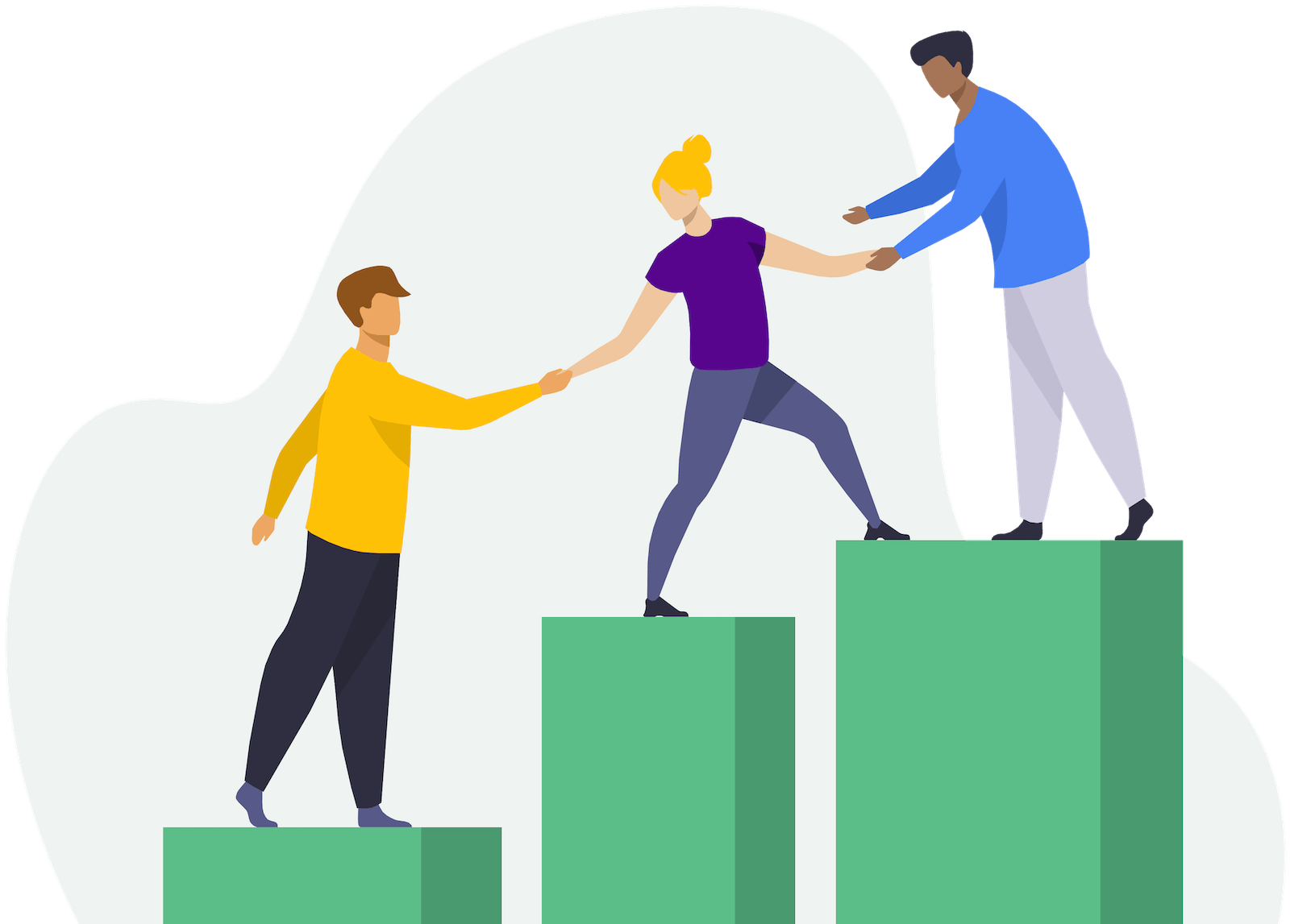 People helping each other climb a row of blocks